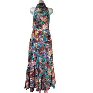 Banana Republic White Lotus Halter Red and Teal Patterned midi dress